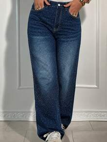 Women's Casual Wide Leg Jeans, Rhinestone Decor, Long Non-Stretch Fabric, Zipper Design - Dark Blue - View 5
