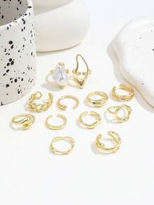 12 piezas Anillos de Perlas Falsas Estilo INS Barroco Francés, Juego de Anillos Multicapa Asimétricos con Línea de Lava para Mujeres - Dorado - Ver 5