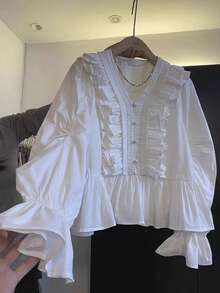 ii Women's Solid Color Button Design Ruffle Trim Flare Sleeve Blouse White - White - View 2
