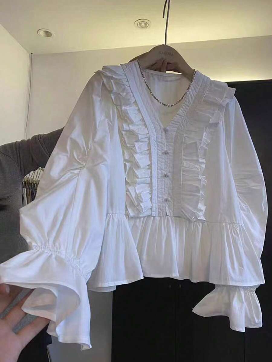 ii Women's Solid Color Button Design Ruffle Trim Flare Sleeve Blouse White