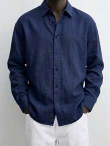 Camicia da uomo Monarch in lino - Maniche lunghe, abbottonatura frontale, vestibilità moderna e comoda - Blu - Visualizzare 2