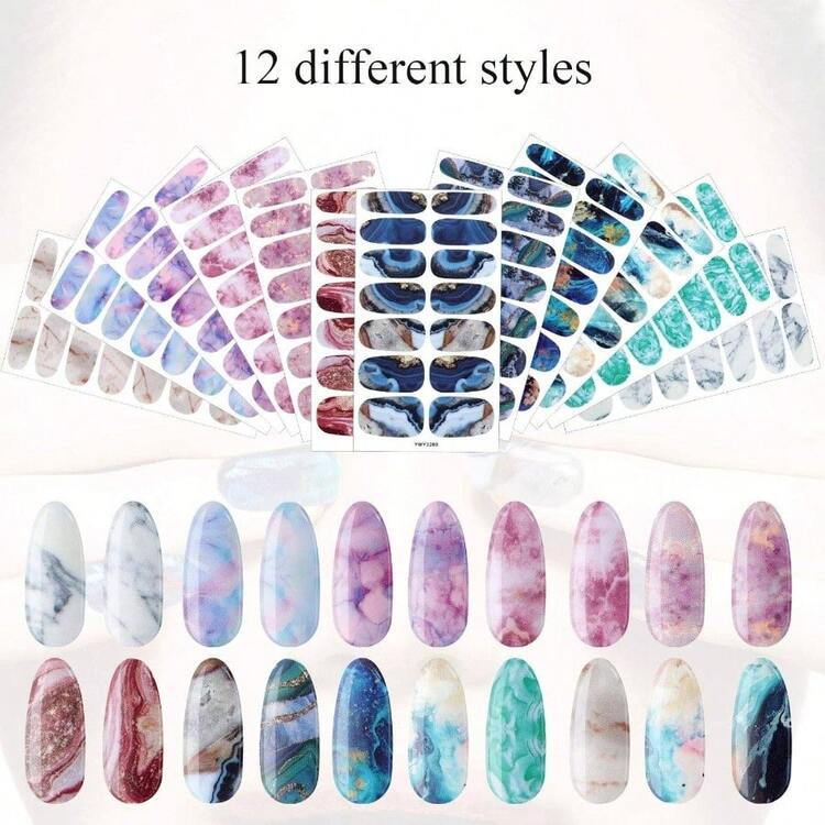 168 Piezas De 12 Hojas De Envoltura Completa Para Esmalte De Uas Pegatinas Autoadhesivas Con Purpurina Degradado De Color Mrmol Calcomana Tiras Con Lima De Uas De Vidrio P - Surtidos - Añade 4