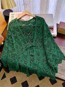 女款杏色蕾絲鏤空繫帶開襟衫 3/4袖 防曬披肩 素色外套 - 墨綠色 - 查看 3