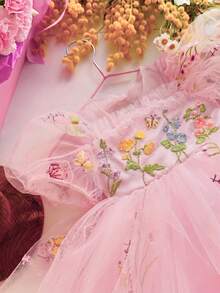 女嬰刺繡花瓣袖鏤空背網紗公主裙，適合女孩生日派對、花童婚禮、重要場合、節日慶祝禮服 - 淺粉色 - 查看 4