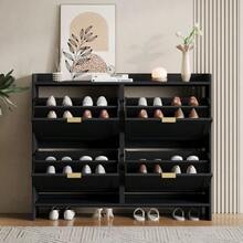 Modern Shoe Cabinet With 4 Drop-Down Compartments, Freestanding Shoe Rack, Open Shelves, Suitable For Entryway Or Hallway, Black, Dimensions: W110/H90/D24 Cm - View 3