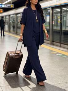 3pcs Casual Plus Size Women's Suit Set: Loose Solid Color Short Sleeve Jacket, Round Neck Tank Top, And Straight Leg Pants. Summer Elegant - Deep Royal Blue - View 8