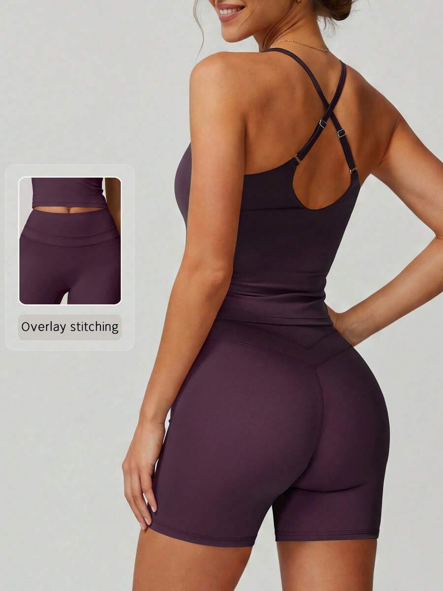 NcmRyu Women's One Set Solid Color U-Neck Padded Criss-Cross Back Tight Shorts Sports Suit - Purple - View 1