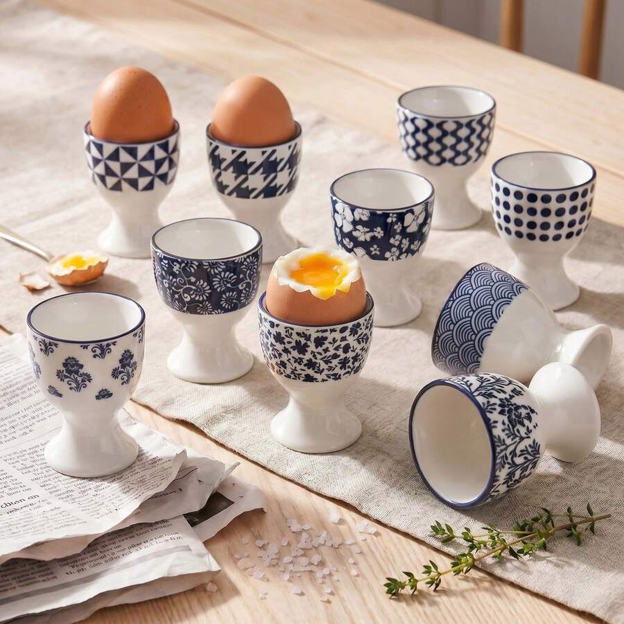 2pcs Egg Cups, Egg Holders, Blue And White Porcelain Print Style Egg Holders For Daily Meals, Suitable For Breakfast, Family Dining, Gifts, Parties And Gatherings