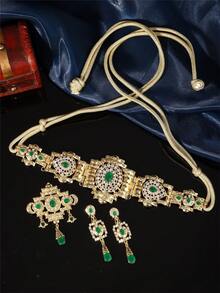 1set Court Style Moroccan Jewelry Set: Robe Belt, Earrings & Brooch, Hollow Carved Inlaid Rhinestones Ladies Accessories For Wedding, Party & Festival - Multicolor - View 1