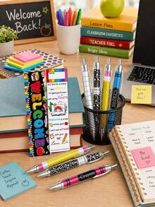 12pcs-Thank You Back To School Gift, Rainbow Welcome Back To School Bookmarks And Glitter Ballpoint Pens, Colorful Reading Markers, Crayon Pencil Design Ballpoint Pens, Teacher Classroom Supplies, First Day Of School, Back To School, Reading Rewards, Student Stationery, School Party Small Gifts - Multicolor - View 4