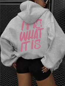 Sudadera con capucha de mujer de moda para otoño/invierno, forro polar suave y cómodo, diseño de estampado universitario, vibrante y juvenil, adecuado para correr, casual, y otras oca - Gris - Ver 1