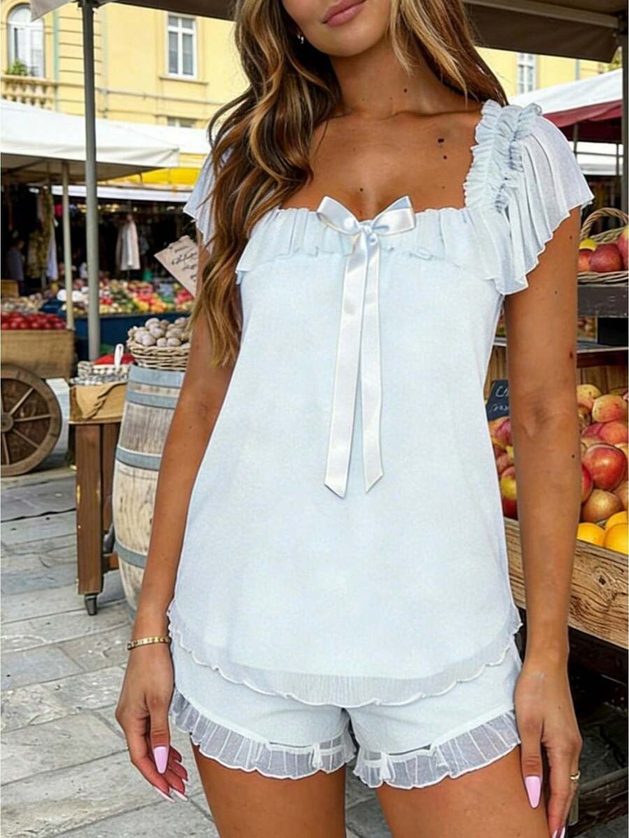 Square Neck Bow Ruffle 2 Piece Sleep Set For Women, Mesh Layer Trim Cami Top Short, Coquette Soft Lightweight Loungewear Night Wear - Light Blue - View 1