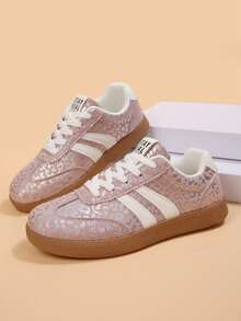 Women's Pink Iridescent Leopard Print Glossy Casual Sneakers, Round Toe, Low-Top, Lace-Up, Flat Heel Design, Suitable For Daily Wear And All Seasons - Pink - View 5
