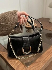 女款翻蓋小手提包，時尚腰帶扣飾方形包，單肩斜背包 - 黑色 - 查看 6