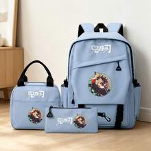 Miniso Demon Slayer 3PCS Backpack Set, Tanjiro Kamado Printed Casual School Backpack Combo With Tote Bag & Pencil Pouch For Students - Blue - View 2