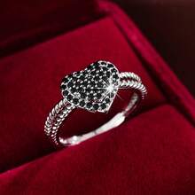 Fashion Heart-Shaped Full Rhinestone Colorful Zirconia Ring, Women's Adjustable Open Ring, Sweet Luxury Gift Jewelry - Black - View 1