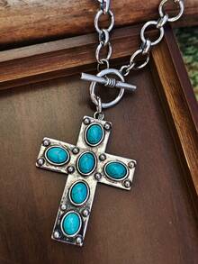 1pc Style Pink Blue Turquoise Pendant Necklace Vintage Distressed Silver Chain OT Clasp Design Western Cowboy Style Accessory - Necklace - View 10