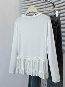 Women's Autumn Ballet Style Lace Hem Long Sleeve T-Shirt, Chic Slimming Layering Base Top White - White - View 7