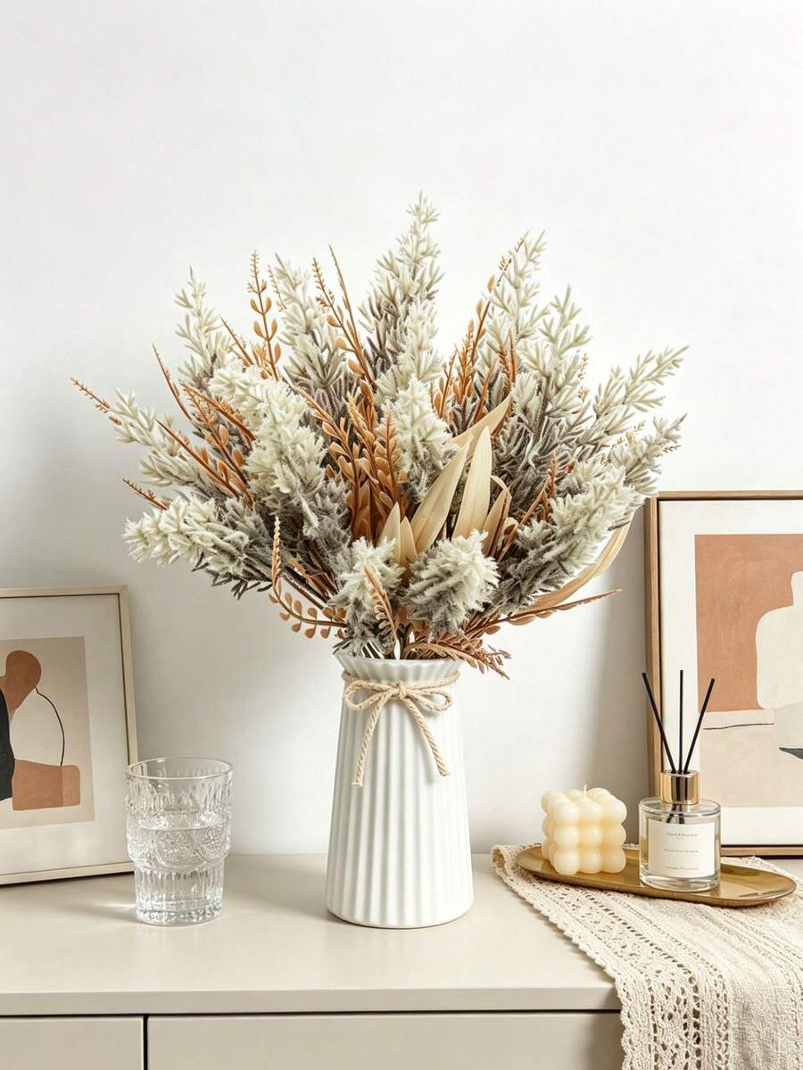 1pc Bohemian Style Artificial Reed & Willow Leaf Bundle, Suitable For Wedding, Tabletop Decor, Bridal Styling, Home Decor, Event Decor, Outdoor Decor, Holiday Decor, Valentine's Day Gift, DIY Floral Arrangement - Grey - View 1