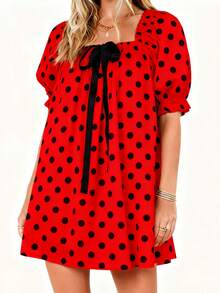 Women Puff Sleeve Nightdress White Black Dotted Print Geometric Neck Sleepwear With Long Ribbon Bow Short Sleeve Pajama Dress - 紅色 - 查看 3