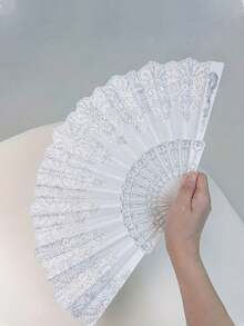 1pc Women's Lace Hand Fan, Silver Floral Hand Fan, Foldable Vintage Decorative Fan, Bridal Photo Prop, Wedding Favor, Suitable For Wedding, Dance, Theme Party, Festival, 16.5 Inches When Unfolded - Multicolor - View 6