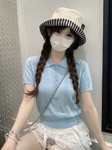 素色蝴蝶結刺繡休閒居家夏季短袖女款針織上衣 - 藍色 - 查看 7
