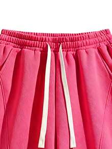 Minimalist Solid Color Drawstring Bermuda Sweat Shorts For Men, Versatile Casual Fitness Shorts Sports - Rose Red - View 4