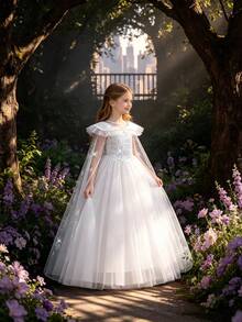 Girls' Solid Color Sequin Birthday Wedding Princess Dress With Cloak, Suitable For Ball, Party, Vacation (Excluding Headband) - White - View 1