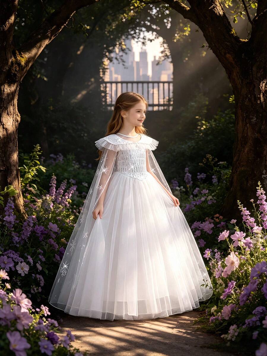 Girls' Solid Color Sequin Birthday Wedding Princess Dress With Cloak, Suitable For Ball, Party, Vacation (Excluding Headband) - White - View 1