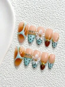 10Pcs Mint French Manicure Style Handmade Press On Nail,Polygel Nail Set,Polka Dots, Petals,Pink, Blue And White Nail Polish,Sweet Style,Includes Nail Tools,3 Sizes Available,Almond Nails , Duck Nails,Coffin Nails For Party, Dance, Daily Wear. - 彩色 - 查看 15