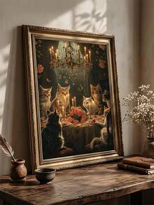 1pc Gothic Black Cat Dinner Party Art, Dark Academia Cat Moody Victorian Animal Painting, Ideal Gift,Suitable For Bedroom,Living Room,Kitchen,Wall Arts,Wall Decor,Home Decor,Room Decor,Canvas Wall Art,Posters, Wall Art With Frame, Optional Frame - 1PCS - View 6