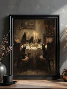 1pc Gothic Black Cat Dinner Party Art, Dark Academia Cat Moody Victorian Animal Painting, Ideal Gift,Suitable For Bedroom,Living Room,Kitchen,Wall Arts,Wall Decor,Home Decor,Room Decor,Canvas Wall Art,Posters, Wall Art With Frame, Optional Frame - 1PCS - View 1