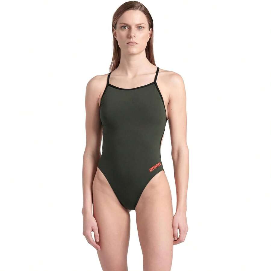 Arena Performance Women's Team Solid Lace Back Swimsuit One Piece Bathing Suit Variant 28 - Dark Sage/Black - View 1