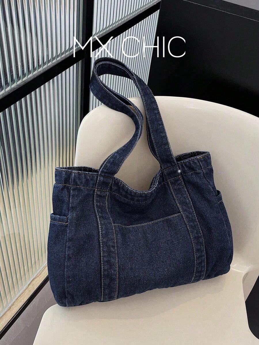 1 buah Tas Bahu Biru Berkualitas Tinggi, Tas Tote Kanvas Kapasitas Besar untuk Bepergian, Berbelanja, Desain Minimalis, Tas Tangan Wanita Serbaguna - Biru - View 1