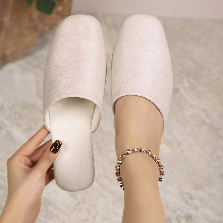 Nordic Style Leather Slippers For Women, Autumn/Winter Home & Office, Couple, Quiet, Non-Slip, Warm Thermal Slippers - Beige - View 1
