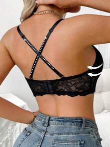 [2 Ways To Wear]Women's Floral Lace Patchwork Bra, Women's Wearable Lingerie, 3D Floral Lace Design, V-Neck Design To Shape The Bust, Wavy Lace Edges, 2 Ways To Wear: Straight Back/Cross Back, Can Be Freely Switched For Different Outfits, Suitable For Daily Casual, Dating, Etc., Breathable And Soft Material, Comfortable And Unrestricted Wear, Women's Daily Casual Bra, Women's Unrestricted Bra - Black - View 2