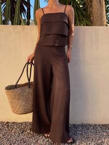 Conjunto de verano para mujer - Top de camiseta blanca con volantes y pantalones casuales, conjunto de 2 piezas para estar en casa - Caqui - Ver 6