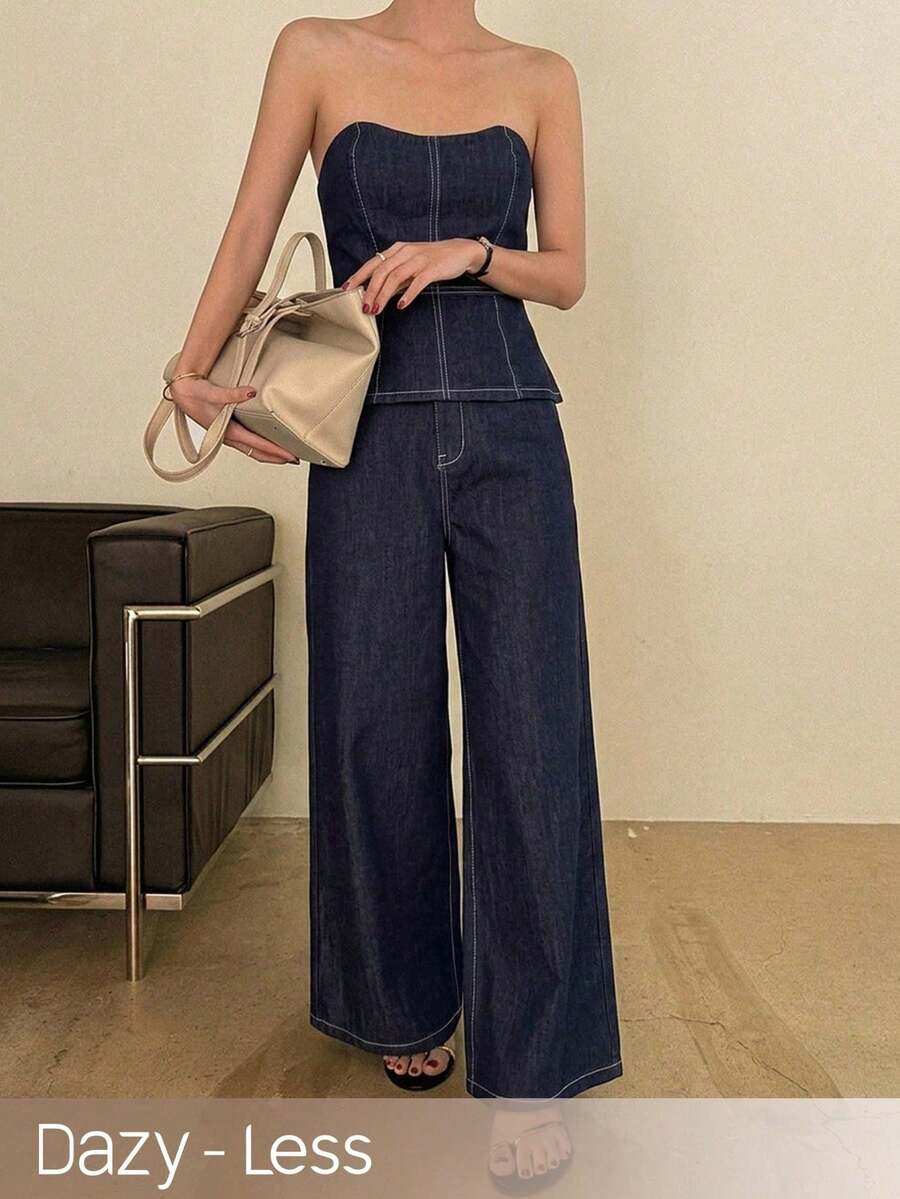 -Less Conjunto de top bandeau y pantalones vaqueros casuales para mujer, de verano - Azul - Ver 1