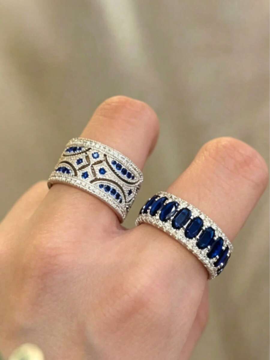 1pc Vintage Blue Stone Mid Finger Ring, High-End Stackable Design - Silver - View 1