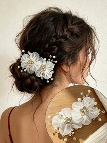 1 pieza Tocado nupcial, accesorio para el cabello de mujer con flores de seda 3D envueltas a mano, clip lateral elegante francés con perlas y strass, accesorio para peinado nupcial trenzado, adecuado para boda/fiesta de vacaciones/novia dama de honor, estilo para todas las estaciones, pinzas para el cabello - Multicolor - Ver 6
