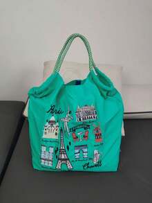 1 pieza Bolsa de almacenamiento de nylon ligera y versátil con patrón bordado de la Torre Eiffel, bolsa de compras plegable para ir al trabajo - Multicolor - Ver 15