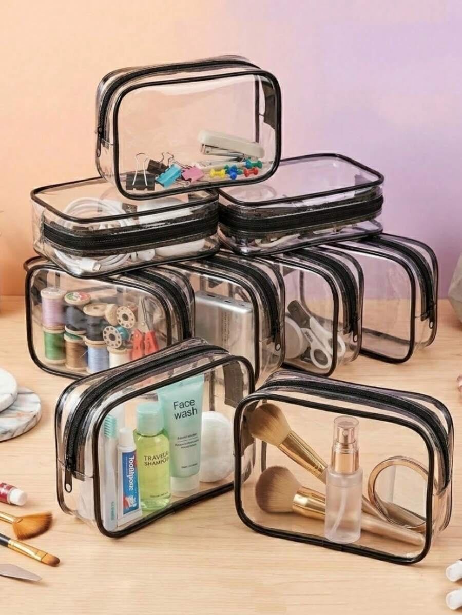 12個透明PVC拉鍊化妝包 - 高品質化妝品與盥洗用品收納袋,適合旅行、浴室和度假必需品(中號,透明),浴室配件、收納袋、化妝袋、旅行必需品袋;不含配件 - 黑色 - 查看 1