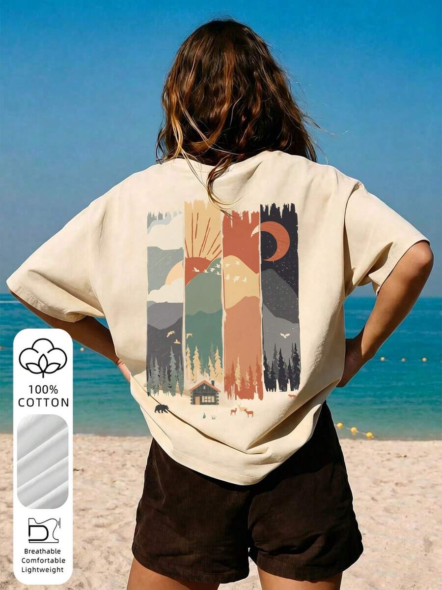 女款夏季海灘風 Limon Melib 檸檬印花寬鬆大尺寸 T-shirt，100% 純棉透氣圓領上衣，海岸 Y2K 風格 - 杏色 - 查看 1