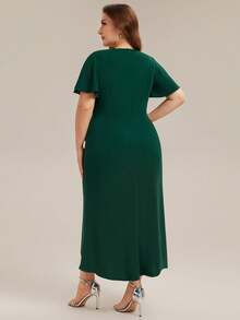 EVERPRETTY Plus Size Women V-Neck Ruched High Slit Asymmetric Wedding Guest Evening Dress, Deep Green, Suitable For Weddings And Semi-Formal Occasions - Dark Green - View 2