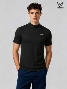 Veidoorn Men's Summer Half-Zip Stand Collar Breathable Short Sleeve Sports Top, Suitable For Cycling, Running, Gym Training, Basketball - Black - View 2