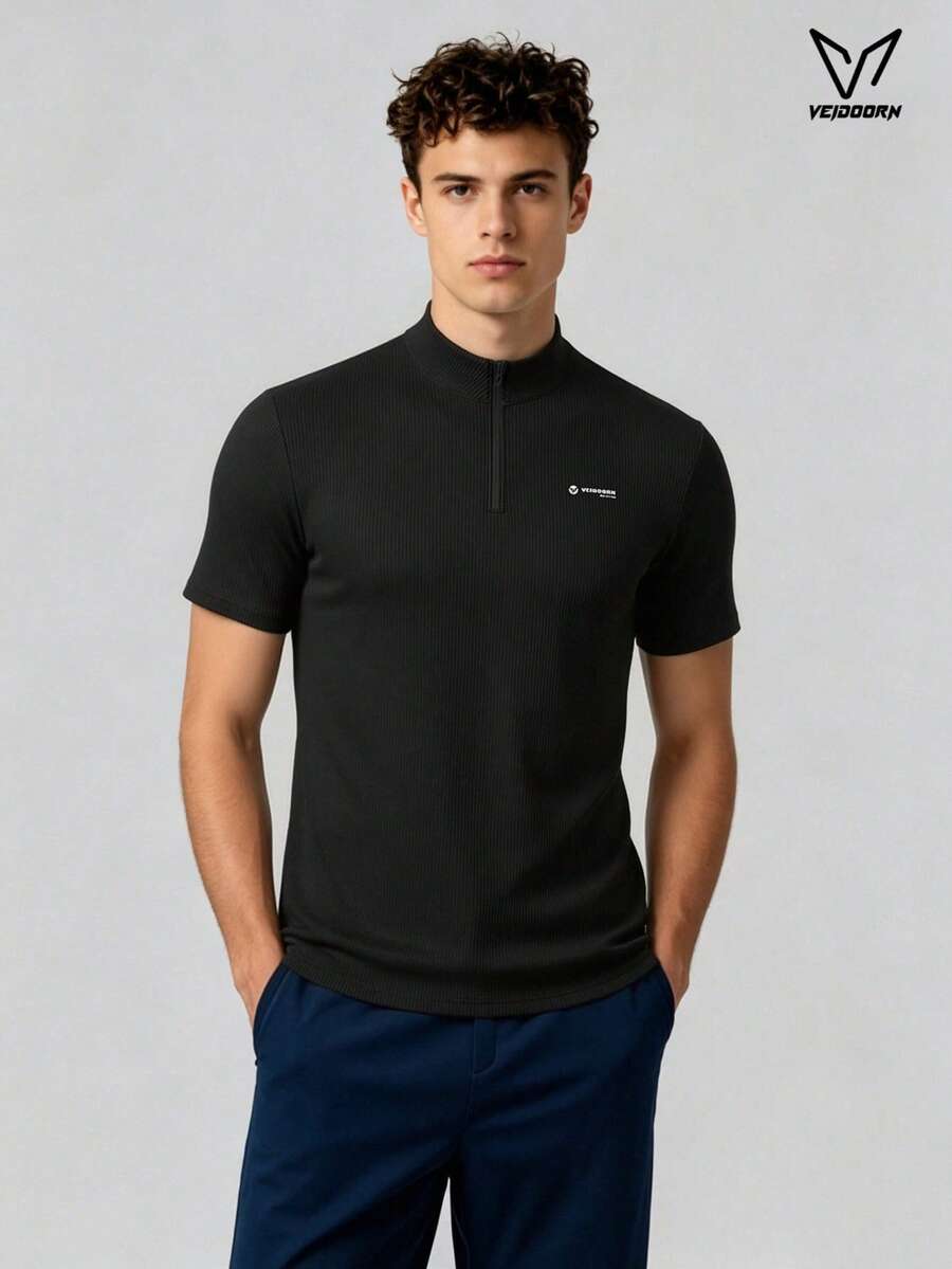 Veidoorn Men's Summer Half-Zip Stand Collar Breathable Short Sleeve Sports Top, Suitable For Cycling, Running, Gym Training, Basketball
