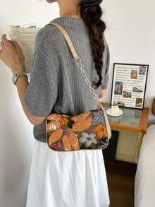 Mini Minimalist Chain Strap Solid Color Floral Pattern Shoulder Bag (Floral Position Randomly Varies) - Orange - View 6