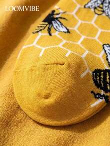 1 Pair Unisex Bee & Honeycomb Jacquard Mid-Calf Socks, Sweat-Absorbing, Odor-Resistant, Anti-Slip, Durable, Warm Yellow Solid Color Artistic Casual Mid-Calf Socks, Suitable For Daily Commute, Travel Outfits, Artistic Gift Giving - Multicolor - View 4