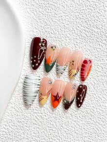 10Pcs Y2K Style Handmade Press On Nail,Polygel Nail Set,Stars,Green, Brown, Yellow And White Nail Polish,Natural Style,Includes Nail Tools,3 Sizes Available,Almond Nails , Duck Nails,Coffin Nails For Party, Dance, Daily Wear. - 彩色 - 查看 3