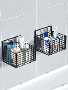 Drill-Free Iron Bathroom Storage Rack, Wall-Mounted Storage Basket, Multi-Functional Storage Shelf For Bathroom And Kitchen, Black Mesh Drill-Free, Black Mesh Drill-Free - A - View 9